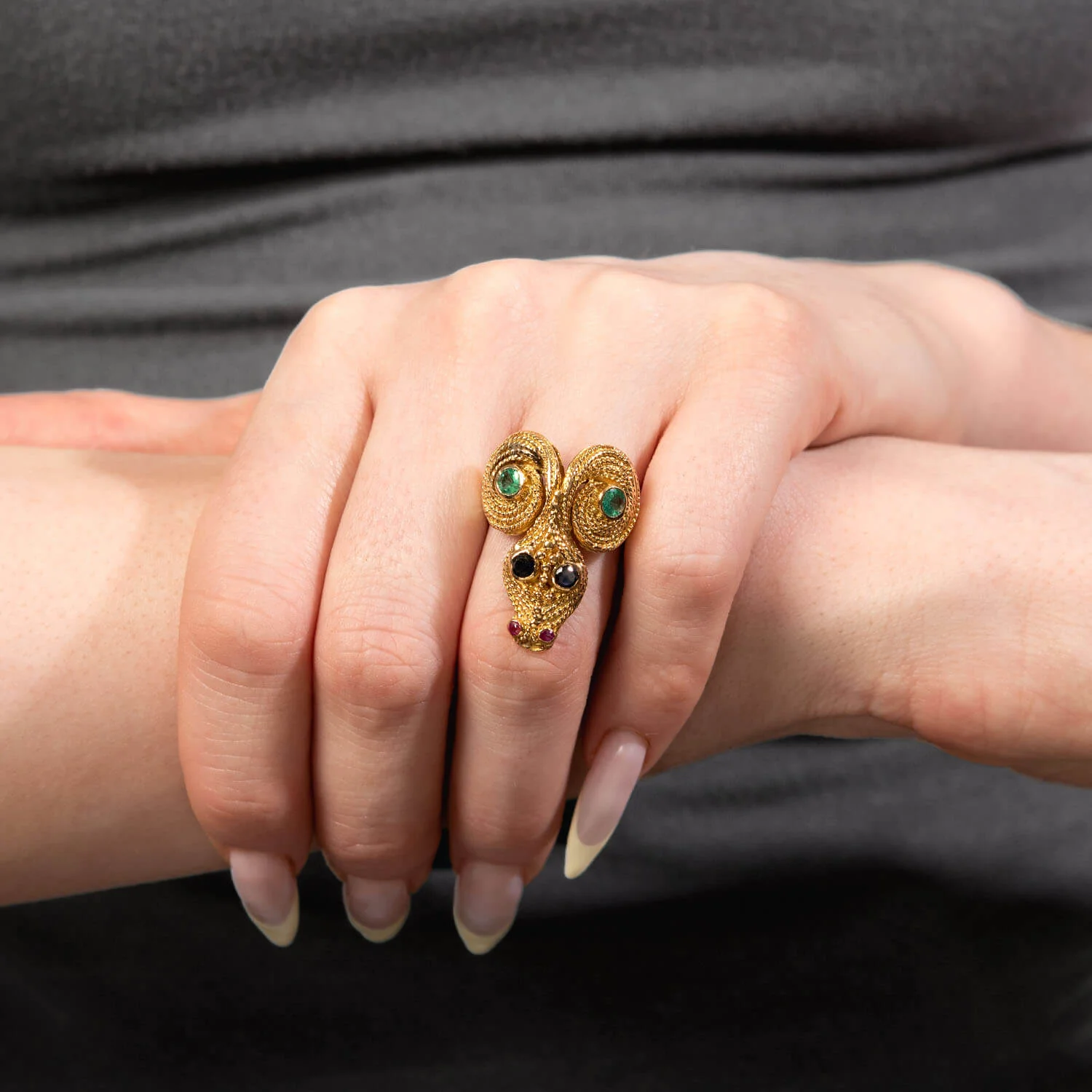 LALOUNIS Estate Greek 18k Sapphire, Ruby, & Emerald Snake Ring - Image 6
