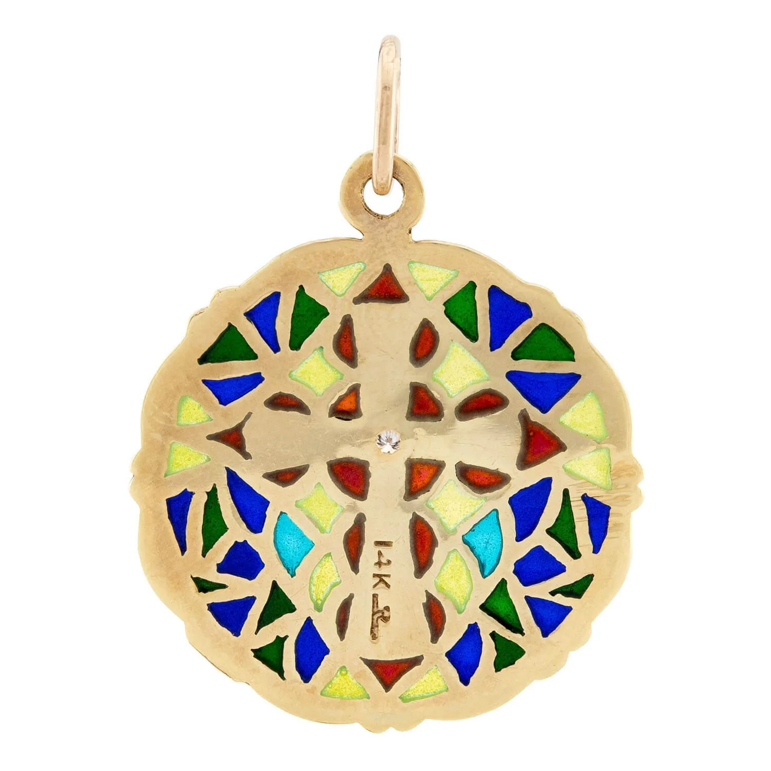 LARTER & SONS Art Nouveau 14k Plique-À-Jour Diamond Cross Disc Pendant - Image 3