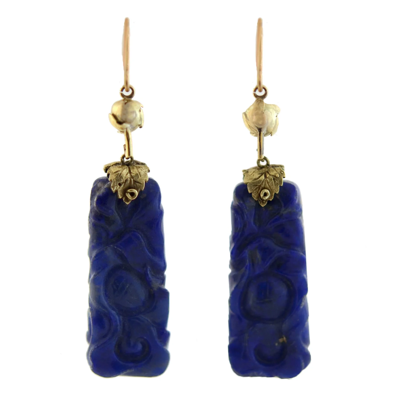 Late Art Deco Chinese 14kt Carved Sodalite Earrings - Image 6
