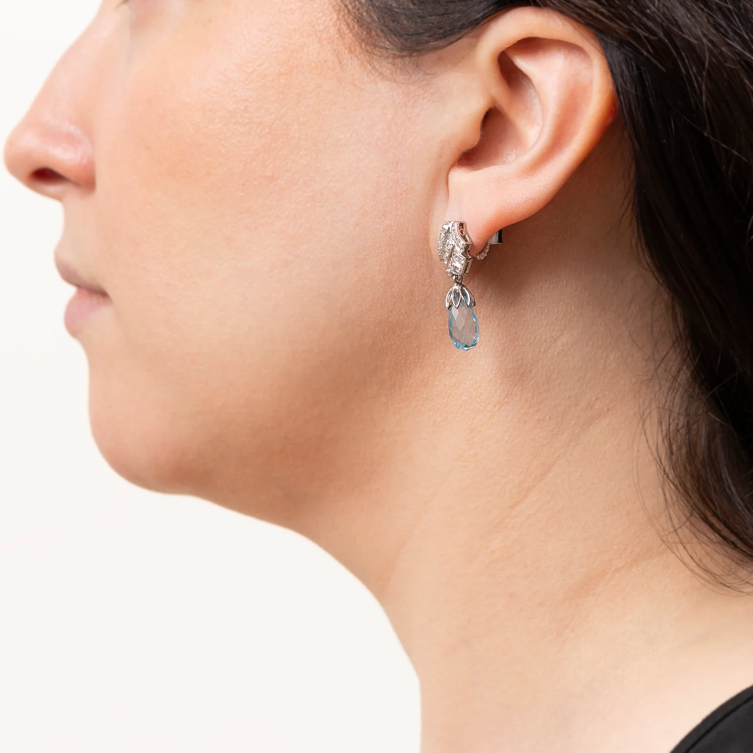 Late Art Deco Platinum Aquamarine Briolette + Diamond Earrings - Image 4