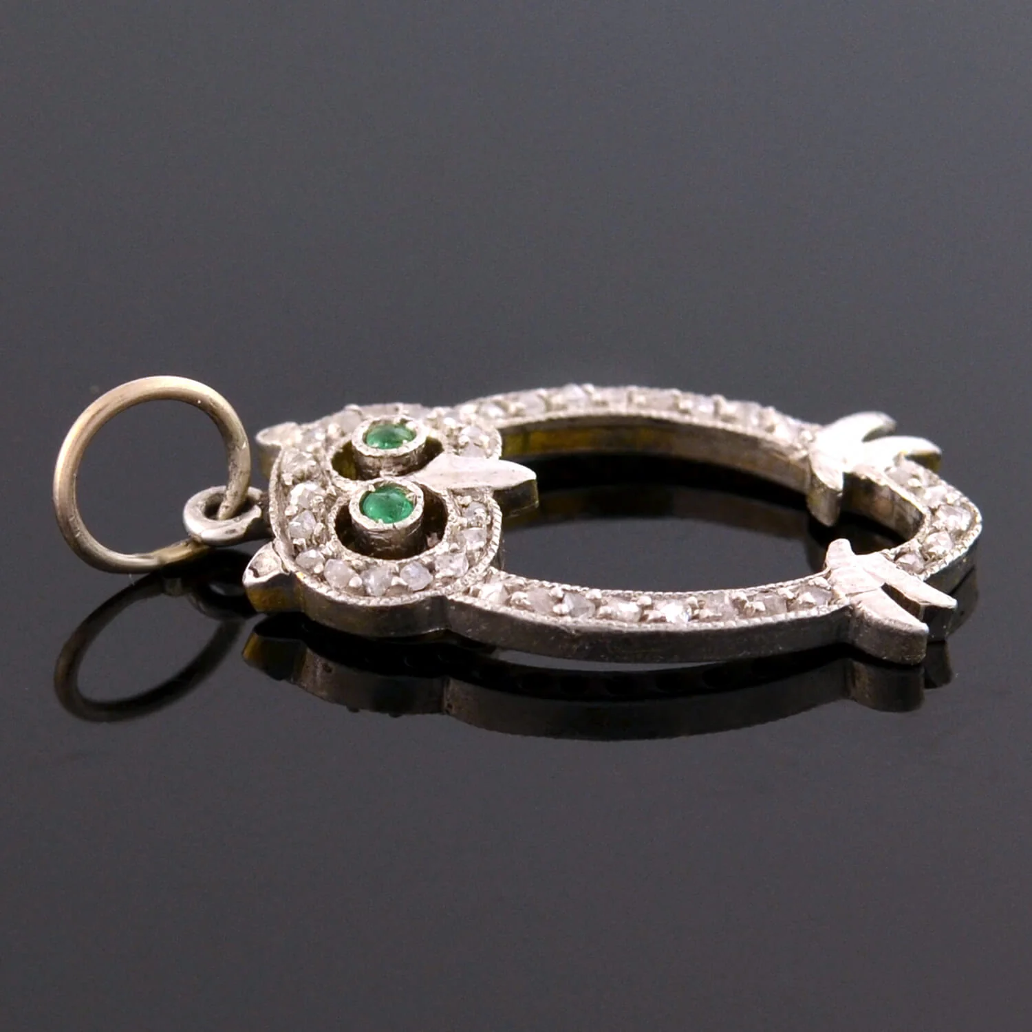 Late Art Deco Platinum Diamond + Emerald Owl Charm *CONVERTED TO PENDANT NECKLACE - Image 4