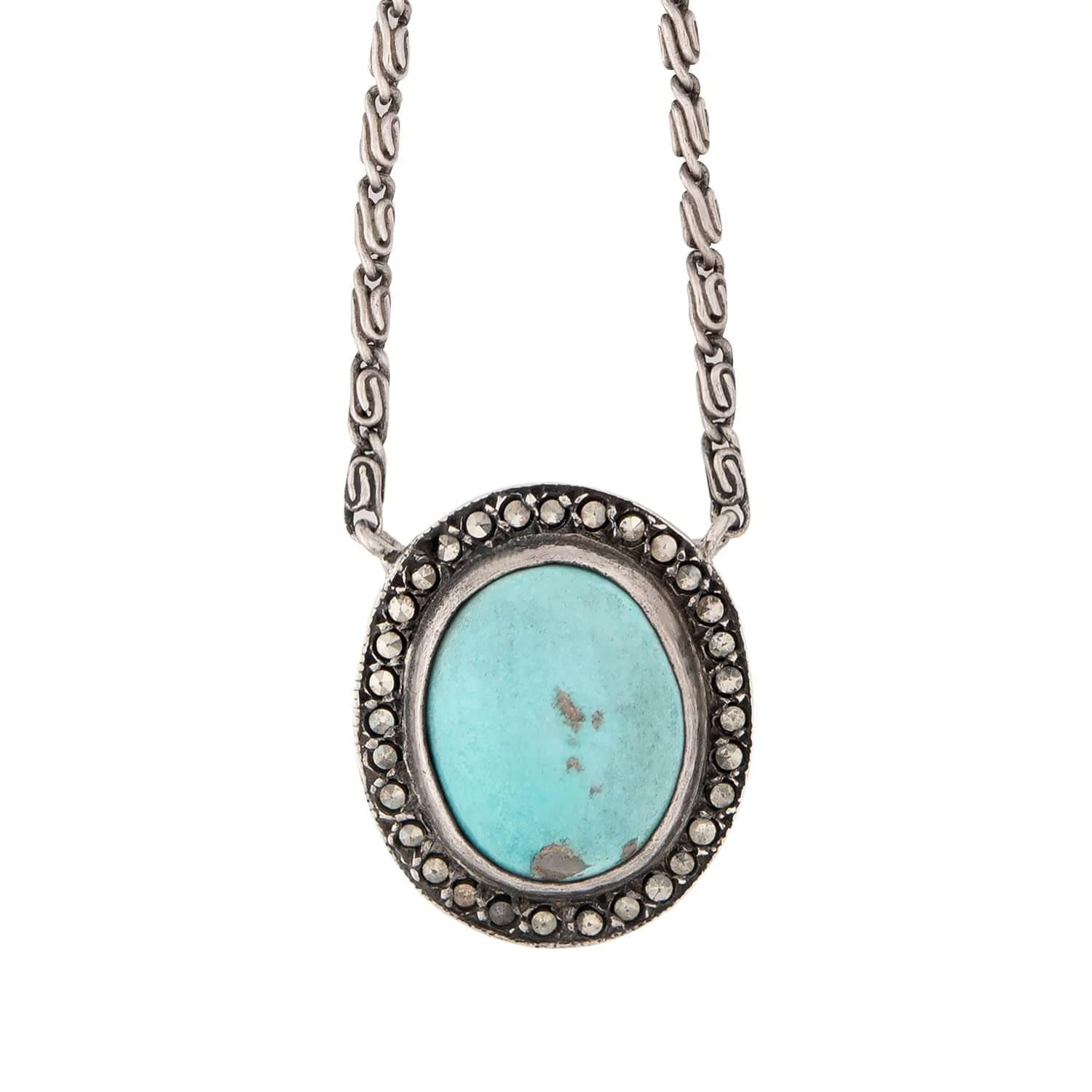 Late Art Deco Sterling Silver Turquoise & Marcasite Necklace