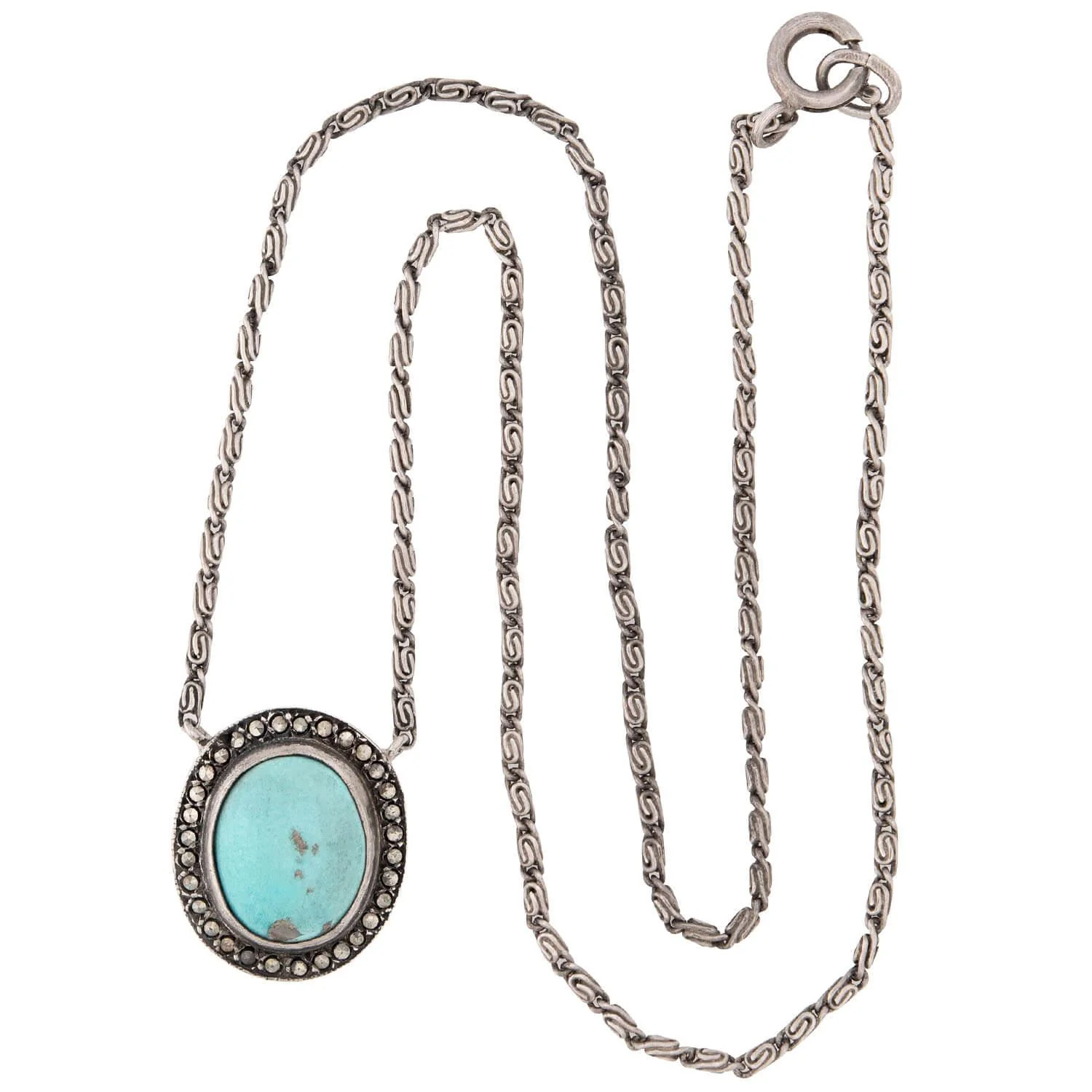 Late Art Deco Sterling Silver Turquoise & Marcasite Necklace - Image 2