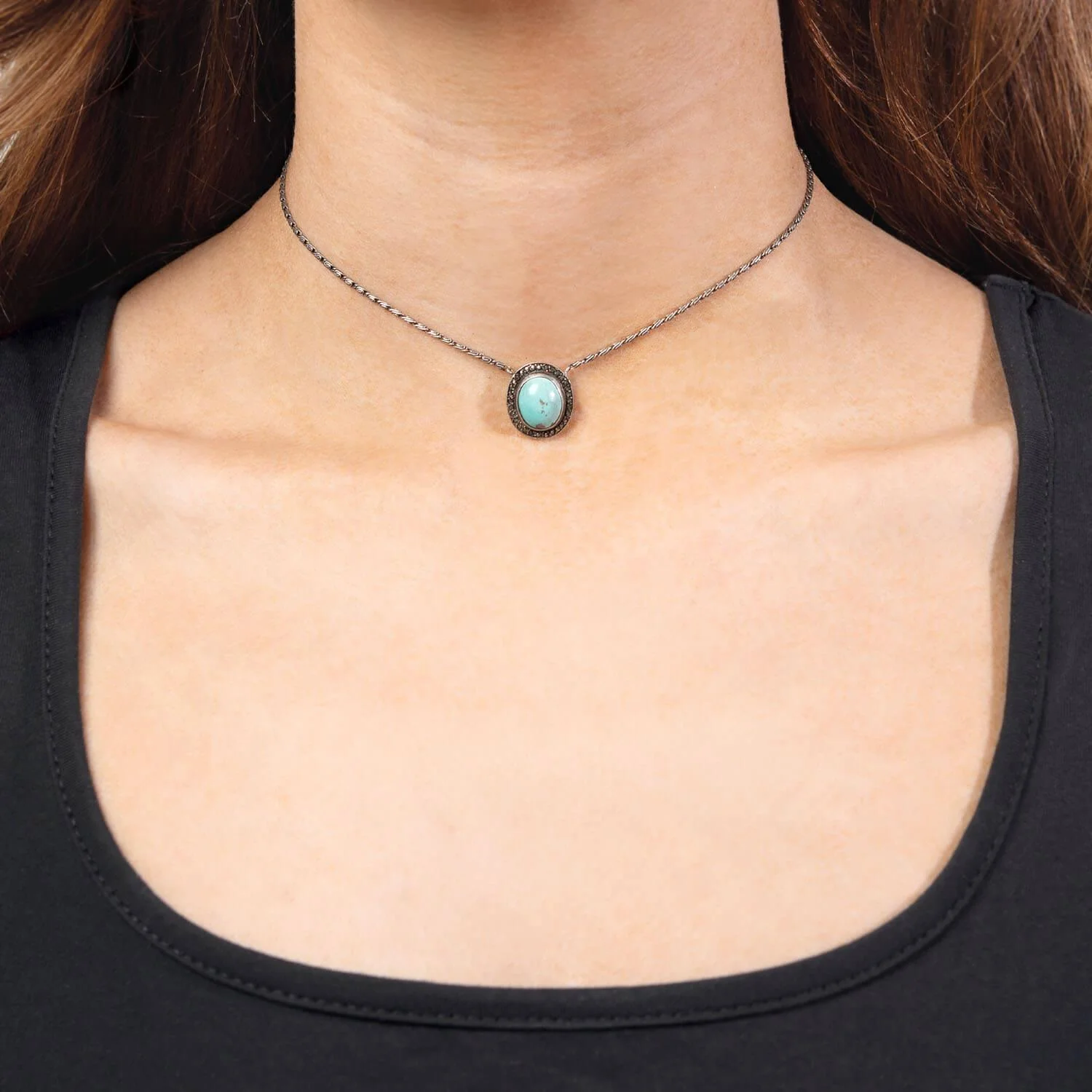Late Art Deco Sterling Silver Turquoise & Marcasite Necklace - Image 7