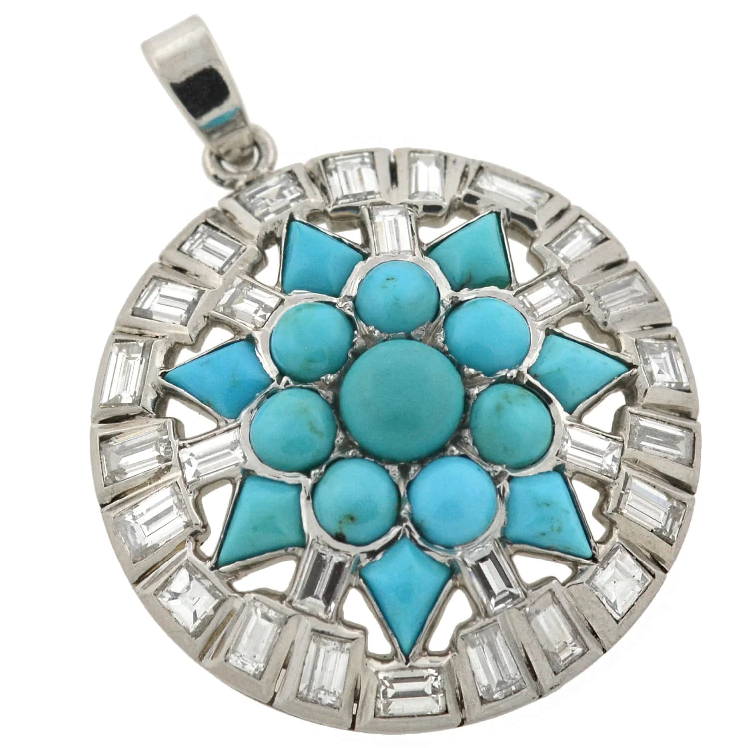 Art Deco Platinum Turquoise + Diamond Starburst Pendant 3.00ctw - Image 2