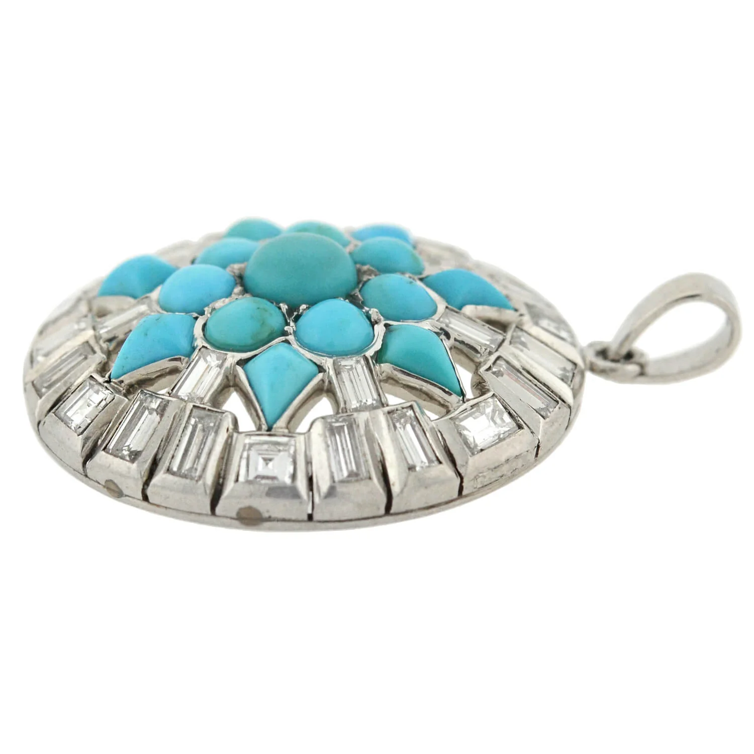 Art Deco Platinum Turquoise + Diamond Starburst Pendant 3.00ctw - Image 3