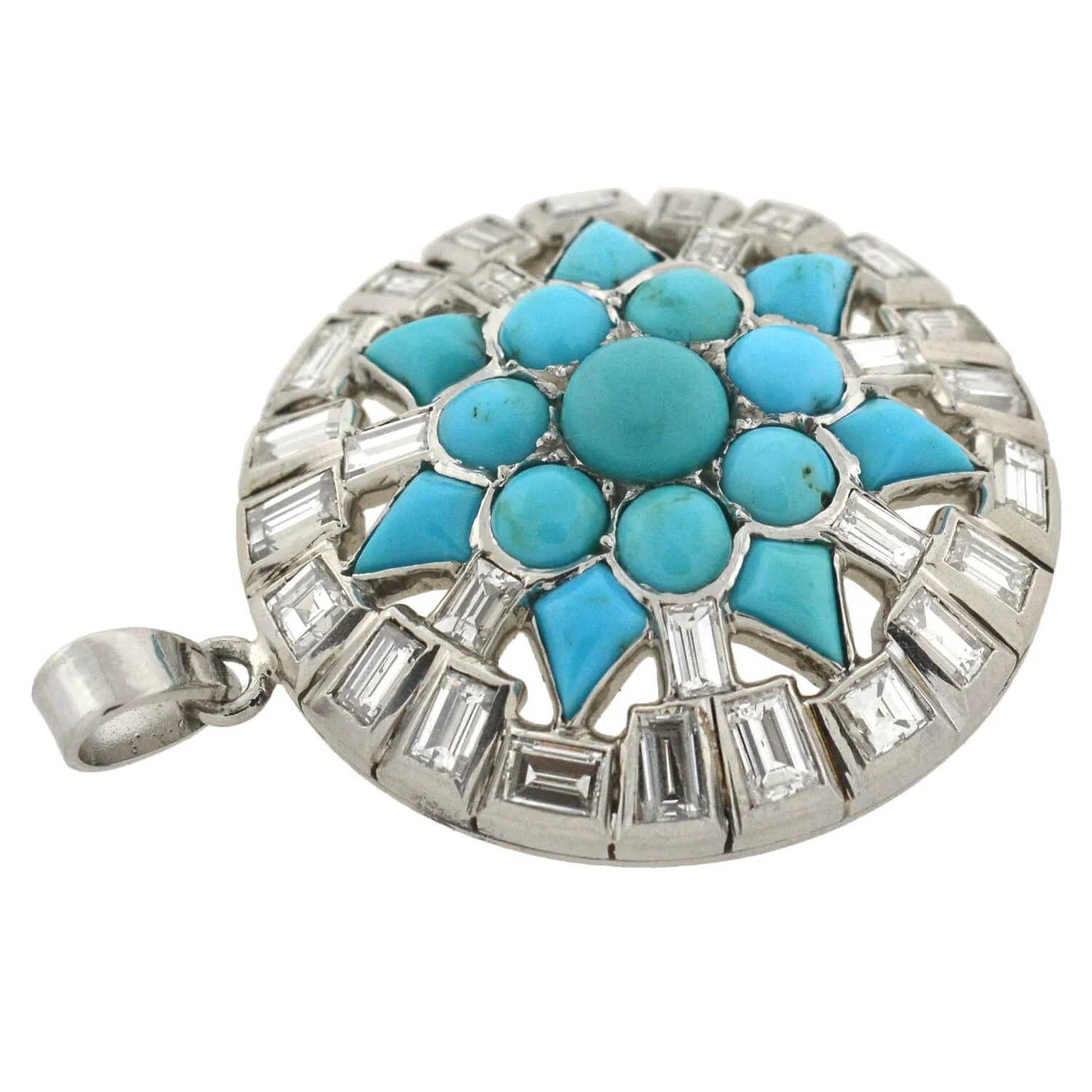 Art Deco Platinum Turquoise + Diamond Starburst Pendant 3.00ctw - Image 4