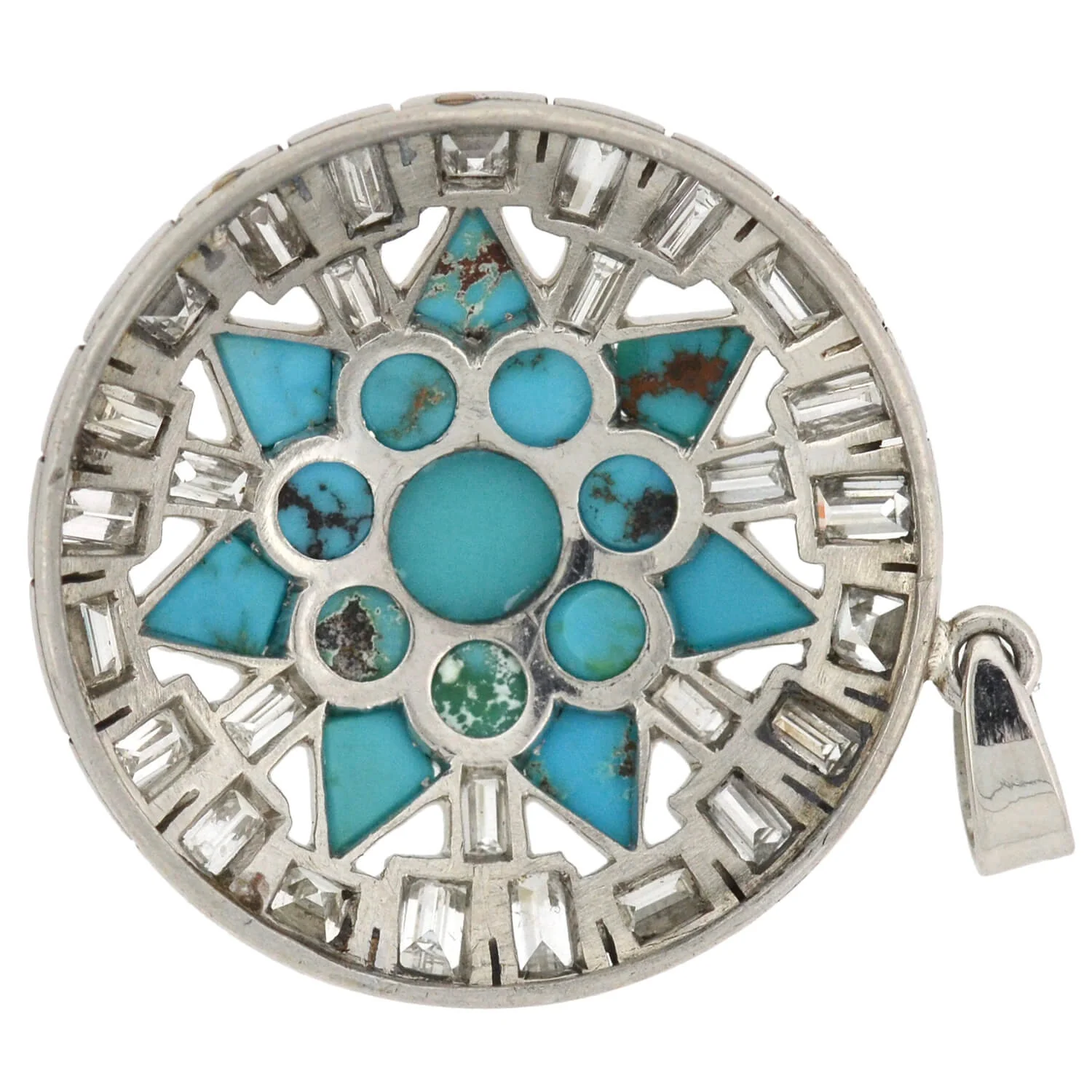 Art Deco Platinum Turquoise + Diamond Starburst Pendant 3.00ctw - Image 5