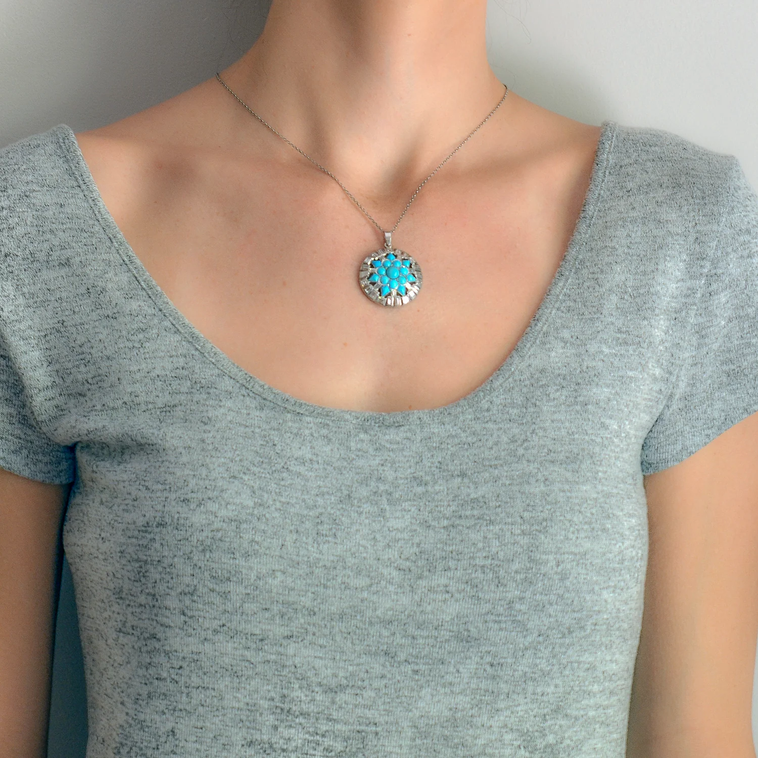 Art Deco Platinum Turquoise + Diamond Starburst Pendant 3.00ctw - Image 6