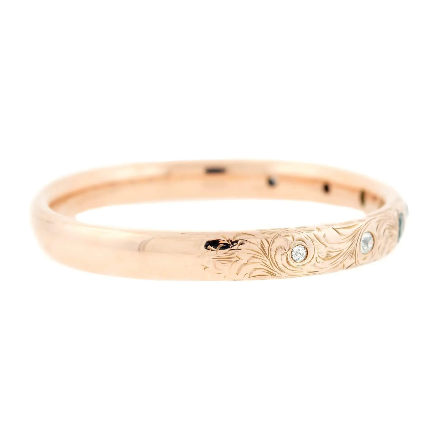 Late Victorian 14k Diamond and Emerald Etched Bangle - Image 2