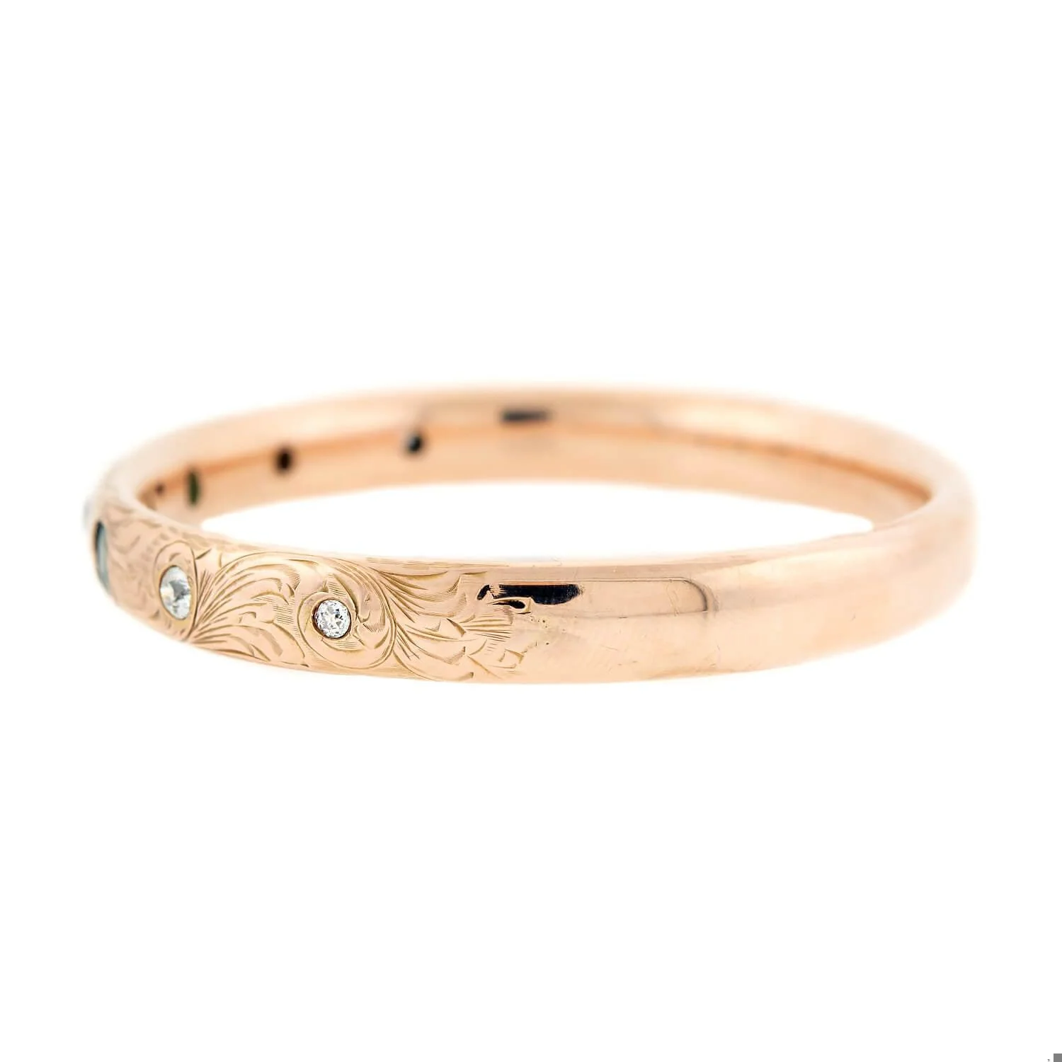 Late Victorian 14k Diamond and Emerald Etched Bangle - Image 3