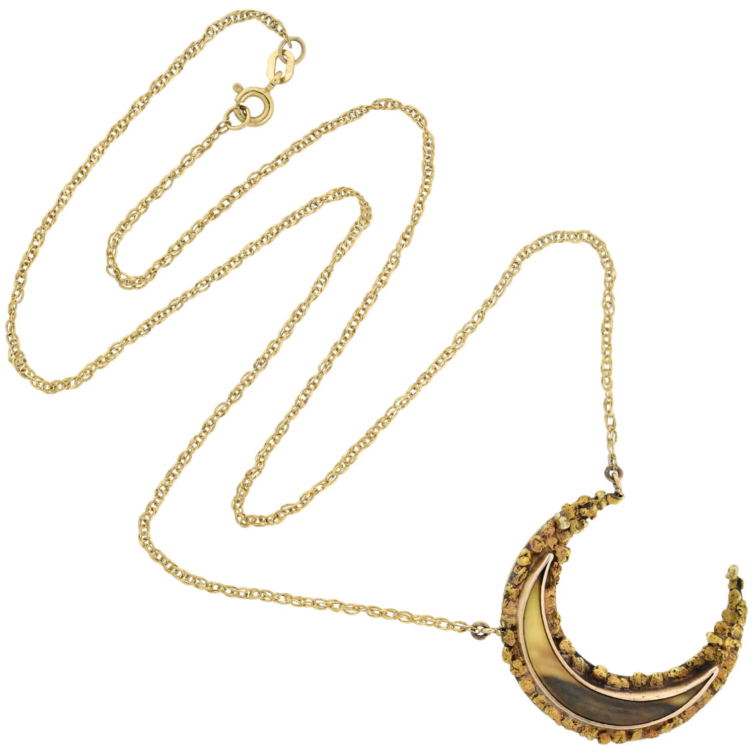 Late Victorian 14kt Genuine Gold Nugget + Horn Crescent Pendant Necklace - Image 2
