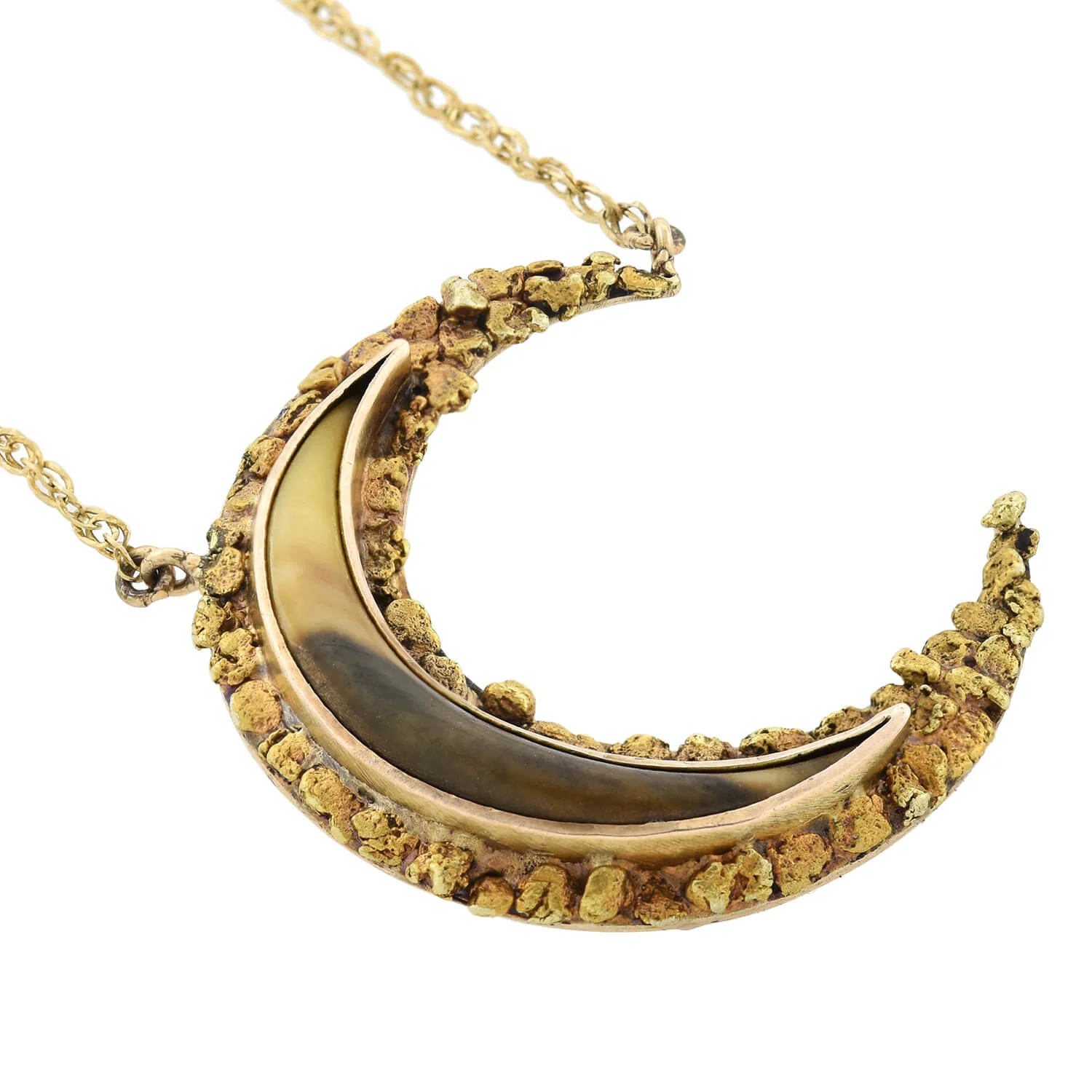 Late Victorian 14kt Genuine Gold Nugget + Horn Crescent Pendant Necklace - Image 3