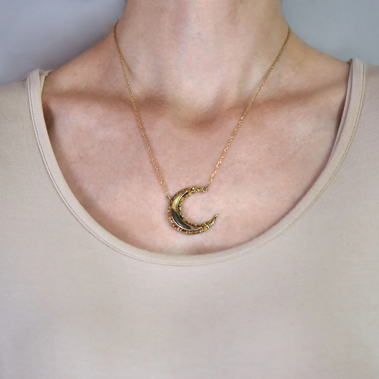 Late Victorian 14kt Genuine Gold Nugget + Horn Crescent Pendant Necklace - Image 7
