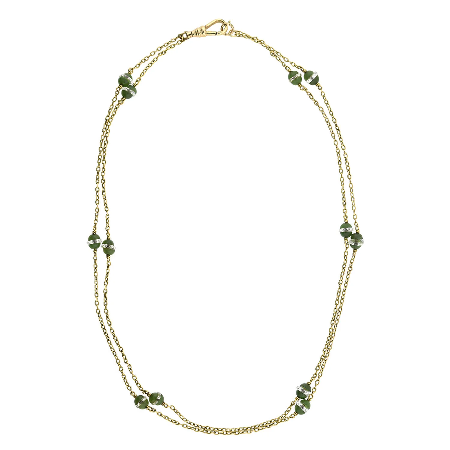Late Victorian 14kt Rock Quartz Crystal + Jade Chain Necklace - Image 2
