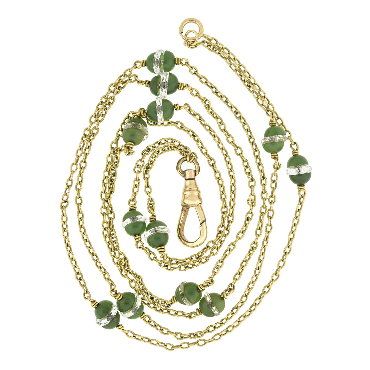 Late Victorian 14kt Rock Quartz Crystal + Jade Chain Necklace - Image 4