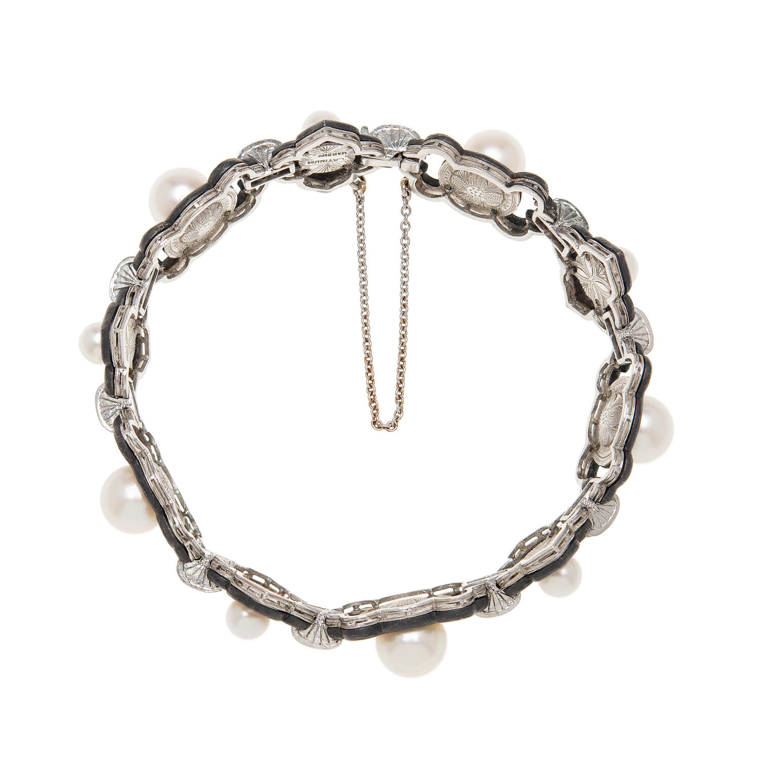 MARSH & COMPANY Vintage Platinum + Steel Pearl + Diamond Link Bracelet - Image 2