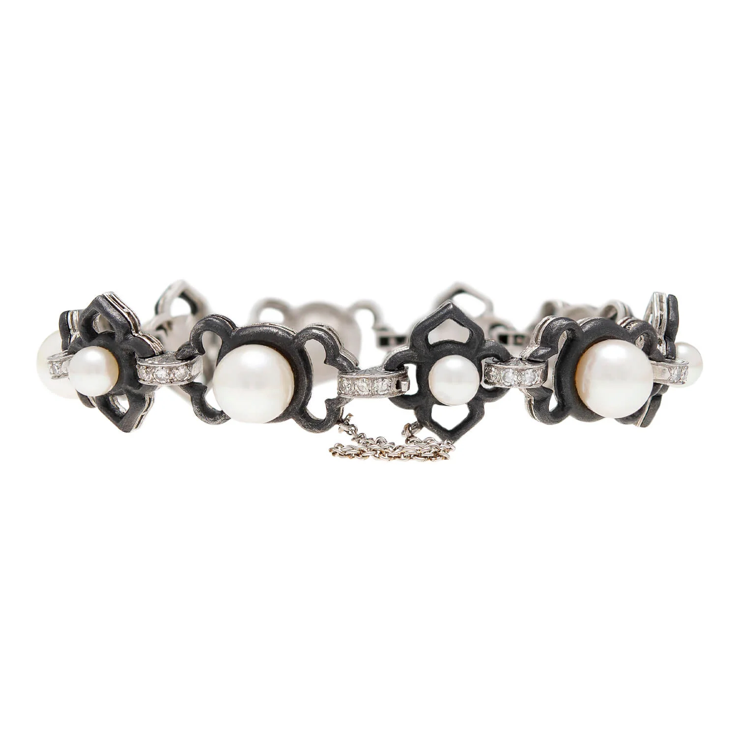 MARSH & COMPANY Vintage Platinum + Steel Pearl + Diamond Link Bracelet - Image 3