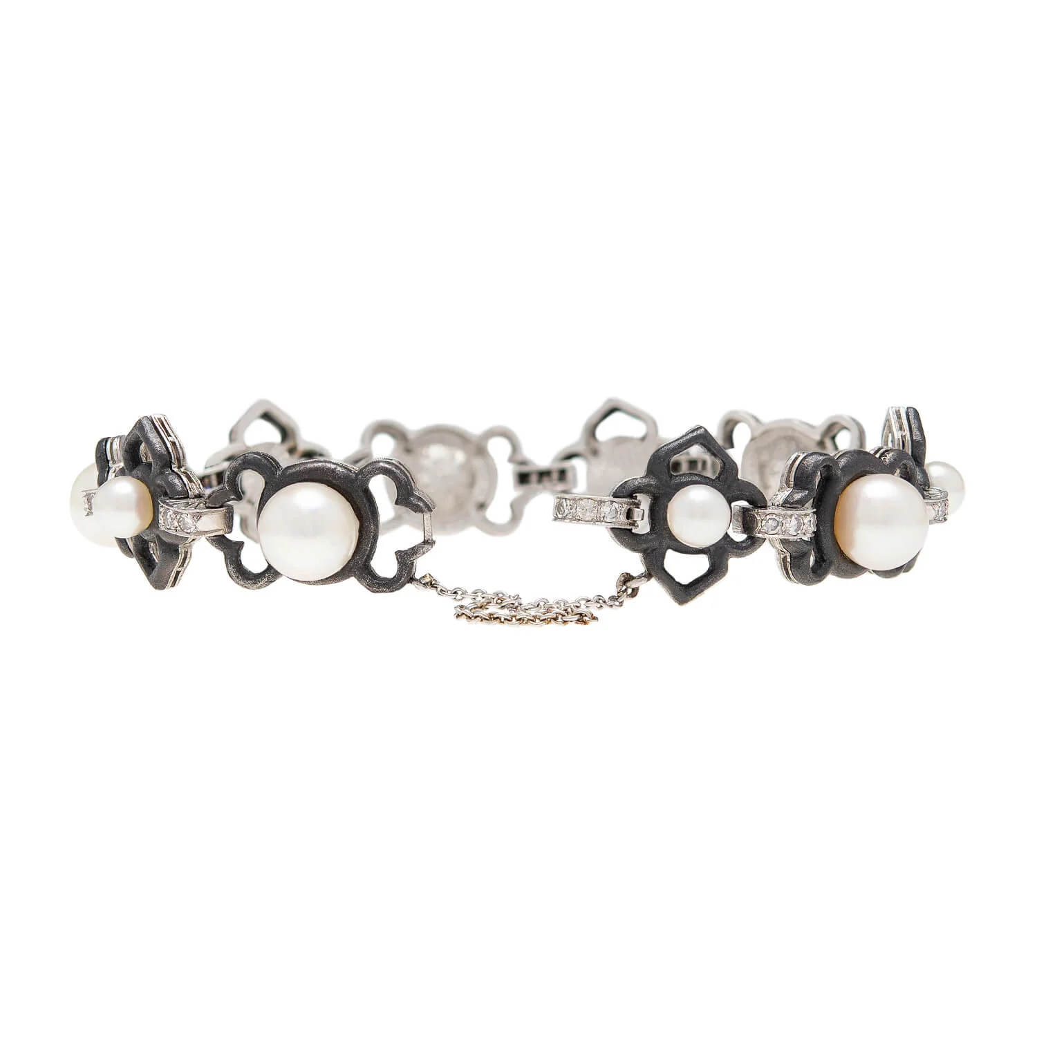MARSH & COMPANY Vintage Platinum + Steel Pearl + Diamond Link Bracelet - Image 4