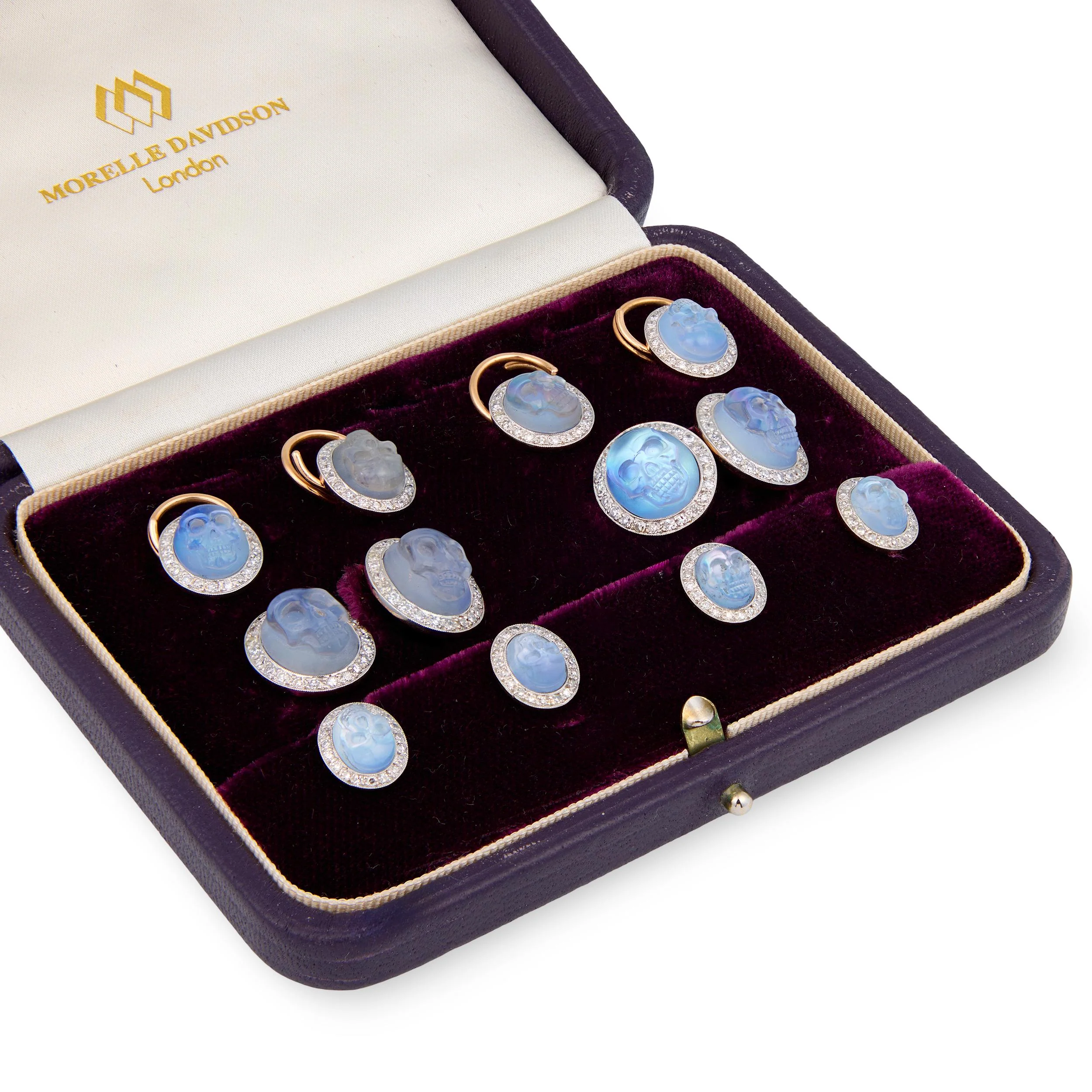 MORELLE DAVIDSON Estate 14k/Platinum Moonstone Skull-Motif 10-Piece Cufflink Set - Image 5