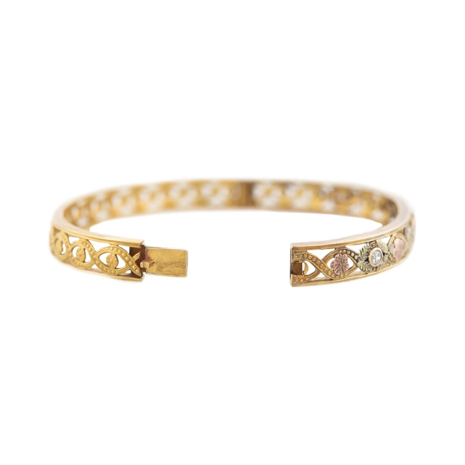 Edwardian 12k Yellow, Rose, and Green Gold Floral Diamond Bangle - Image 7