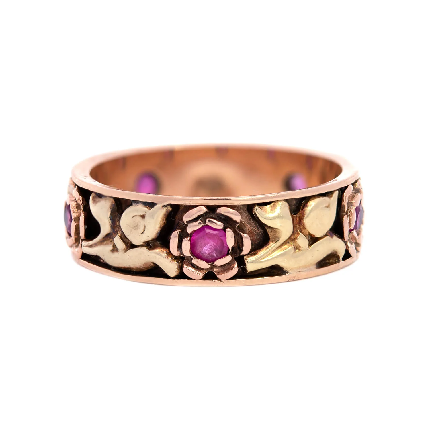 Retro 14k Gold Ruby Flower Motif Band - Image 2