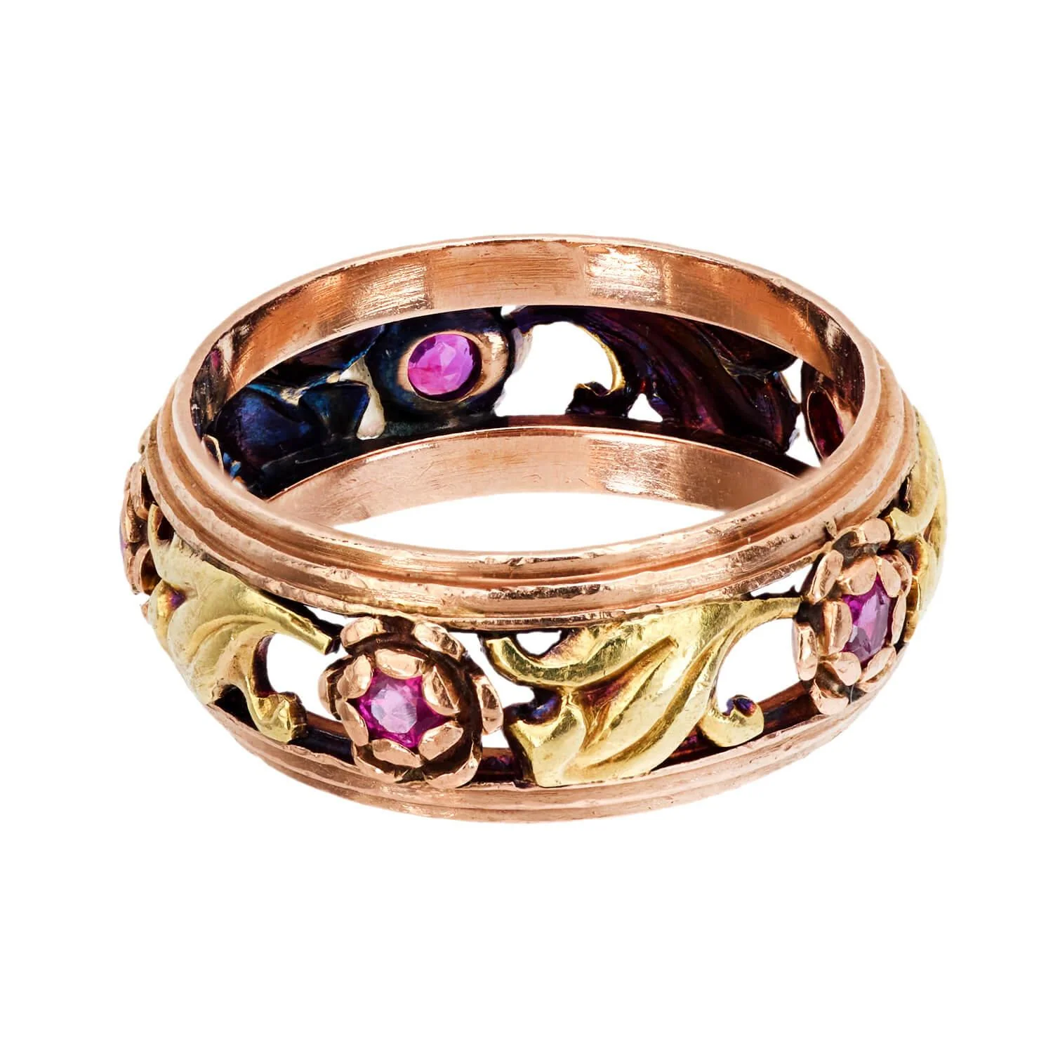 Retro 14k Mixed Metals Ruby Floral Motif Band - Image 3