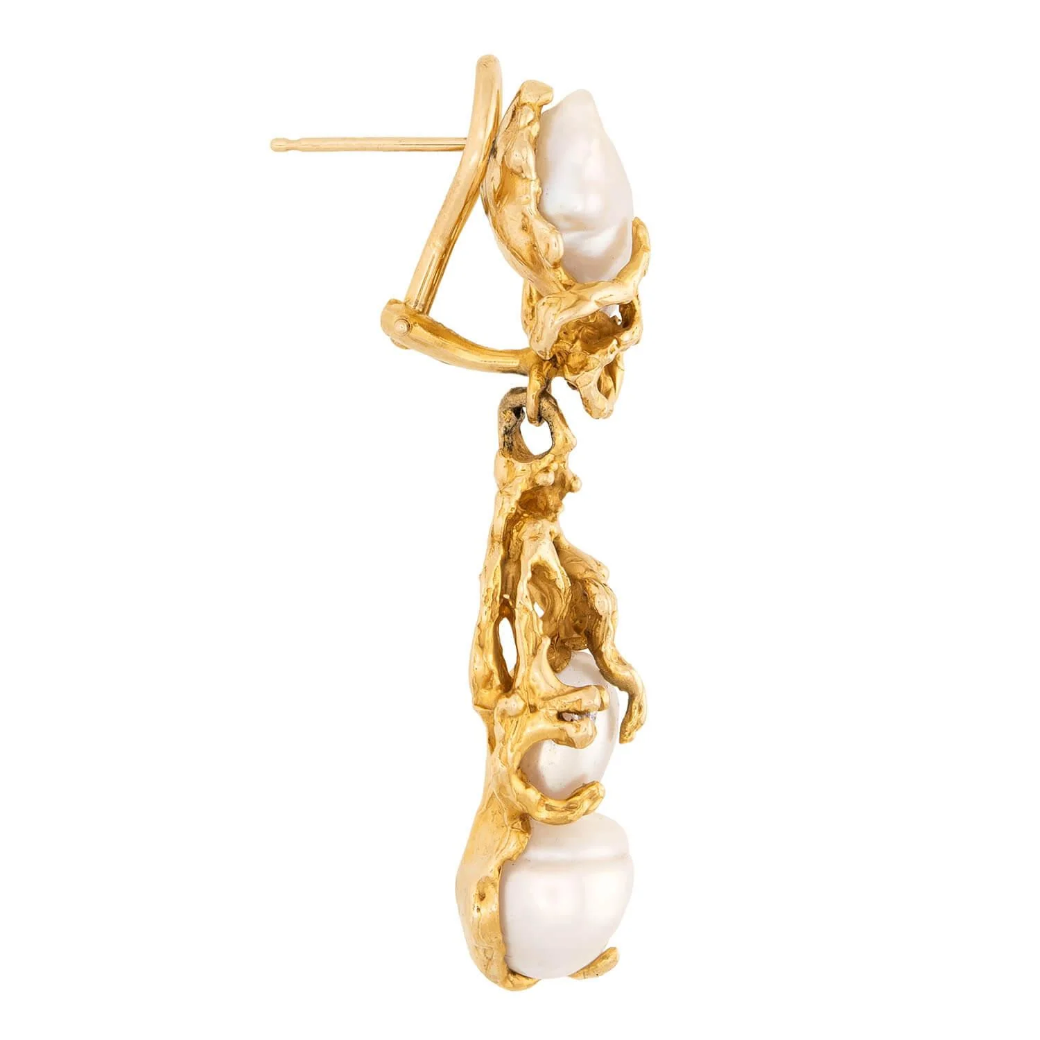 Retro 14k Pearl and Diamond Brutalist Dangle Earrings - Image 2