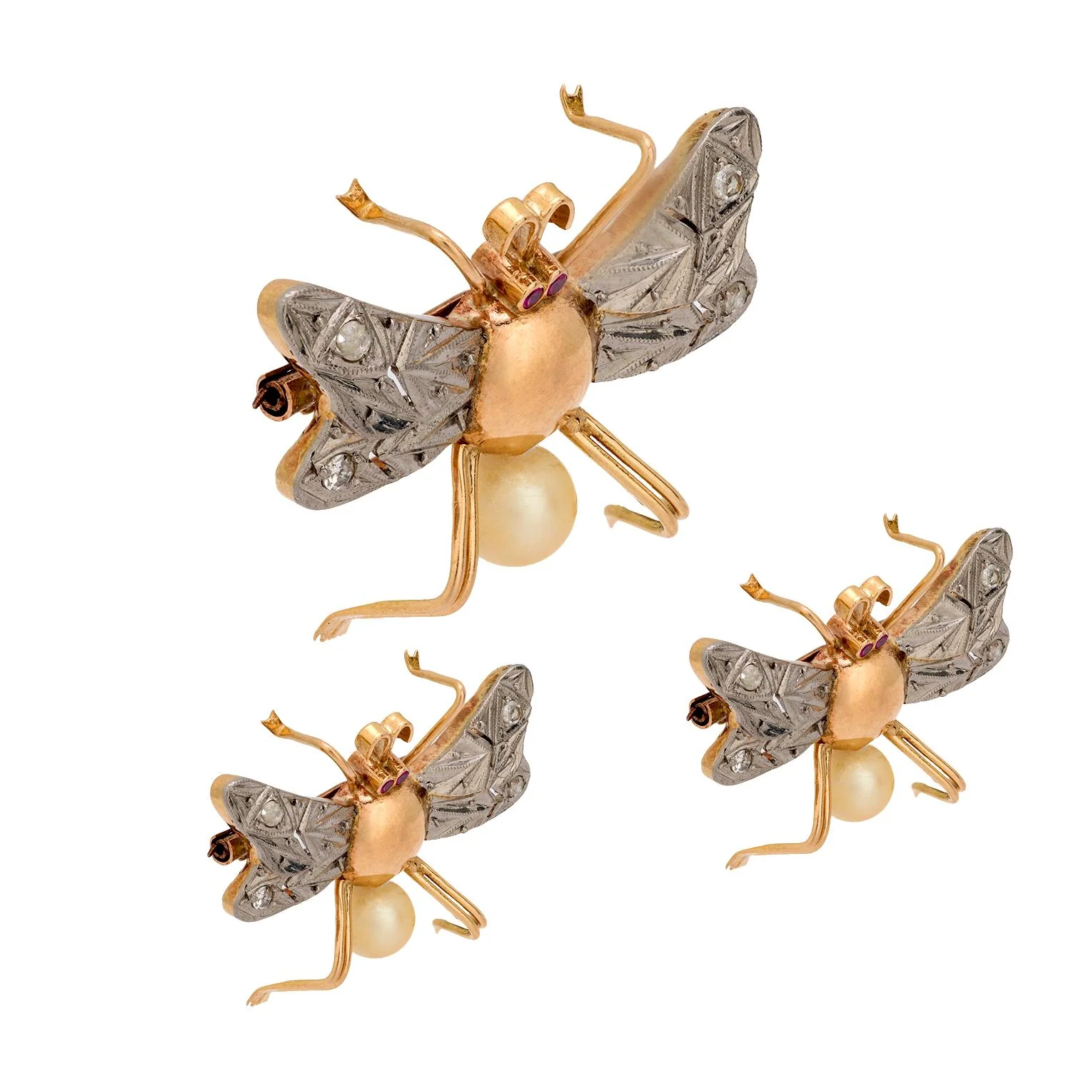 Retro 14k/Sterling Silver Ruby, Diamond, and Pearl Bug Pin Set - Image 2