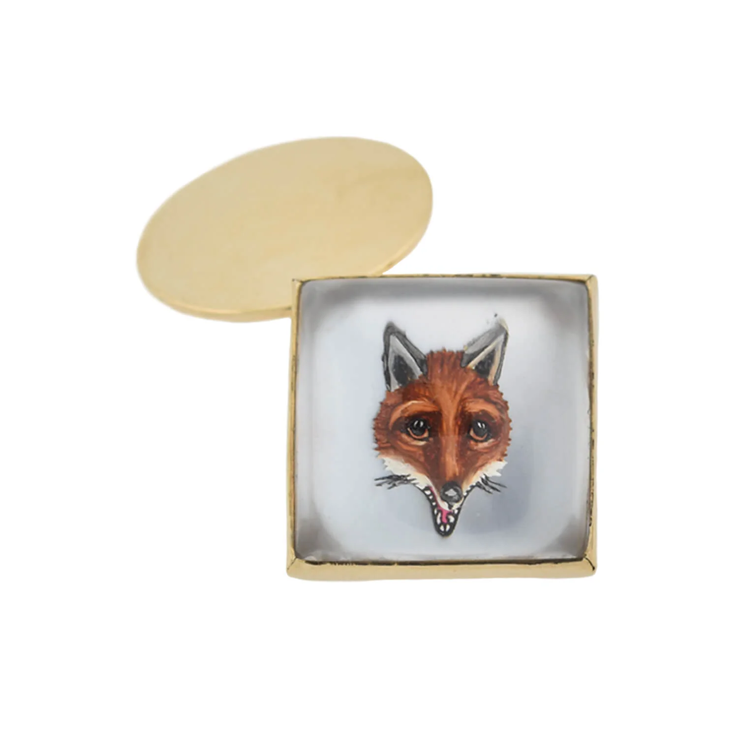 Retro 14kt Painted Reverse Carved Rock Crystal Fox Cufflinks - Image 2