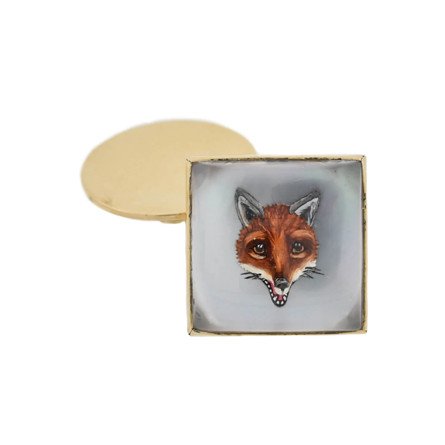 Retro 14kt Painted Reverse Carved Rock Crystal Fox Cufflinks - Image 3