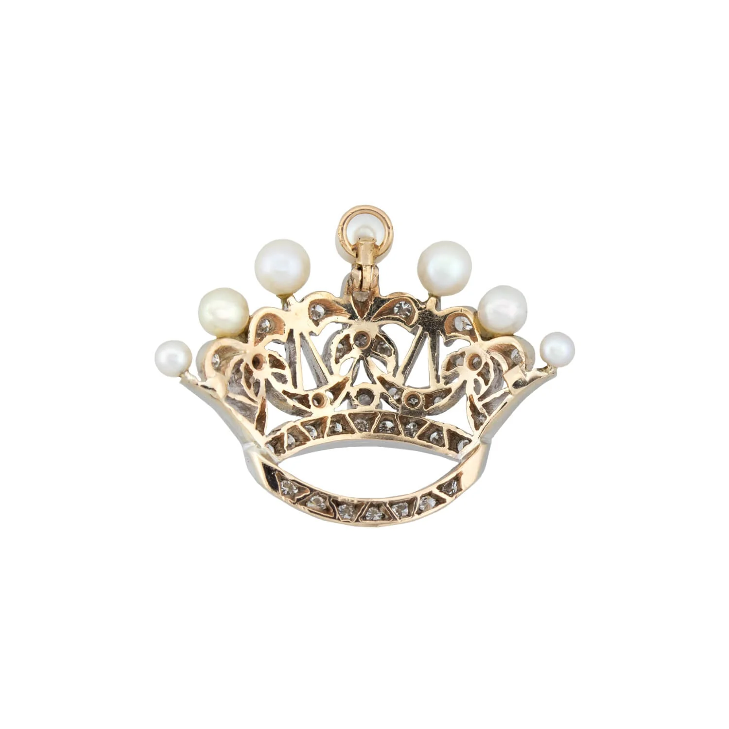 Retro 14kt/Platinum Diamond + Pearl Princess Crown Pendant - Image 3
