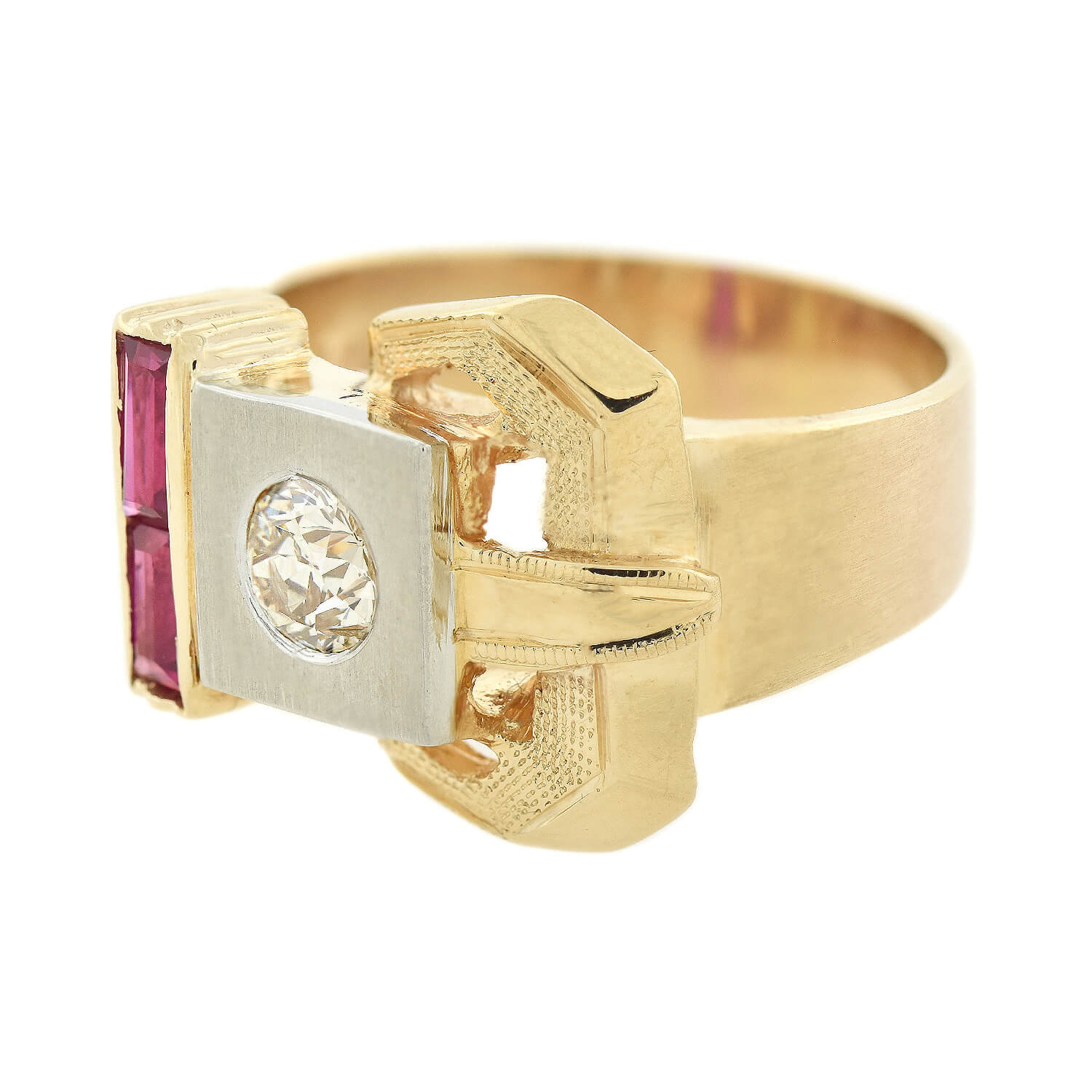 Retro 14kt Ruby + Diamond Buckle Ring - Image 2