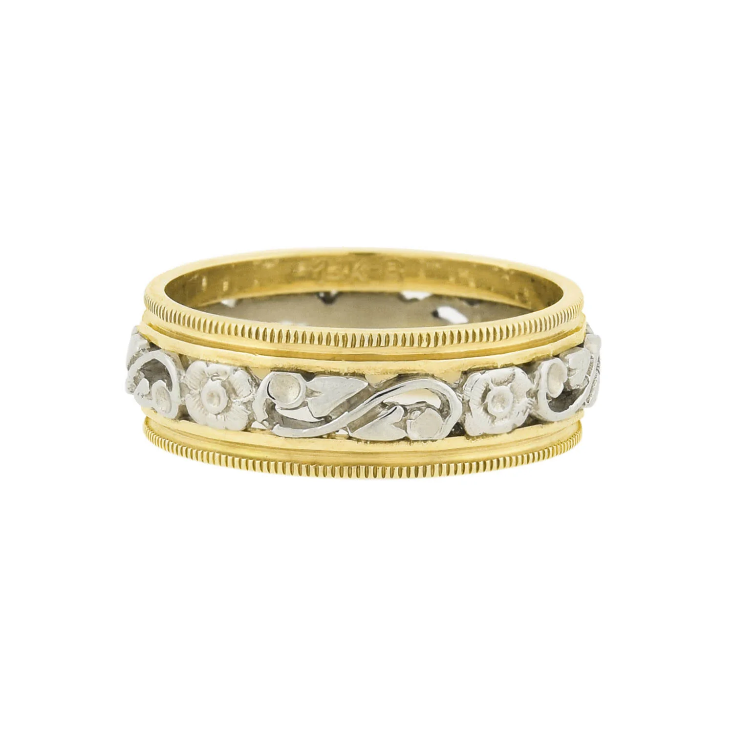 Retro 14kt Yellow + White Gold Mixed Metals Carved Floral Band - Image 2