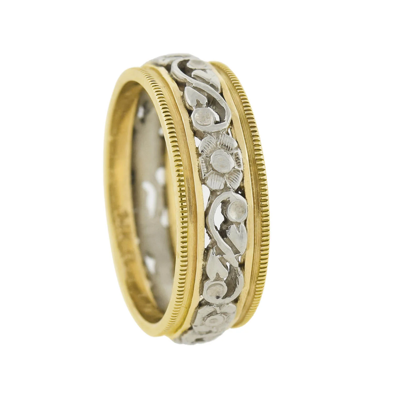 Retro 14kt Yellow + White Gold Mixed Metals Carved Floral Band - Image 4