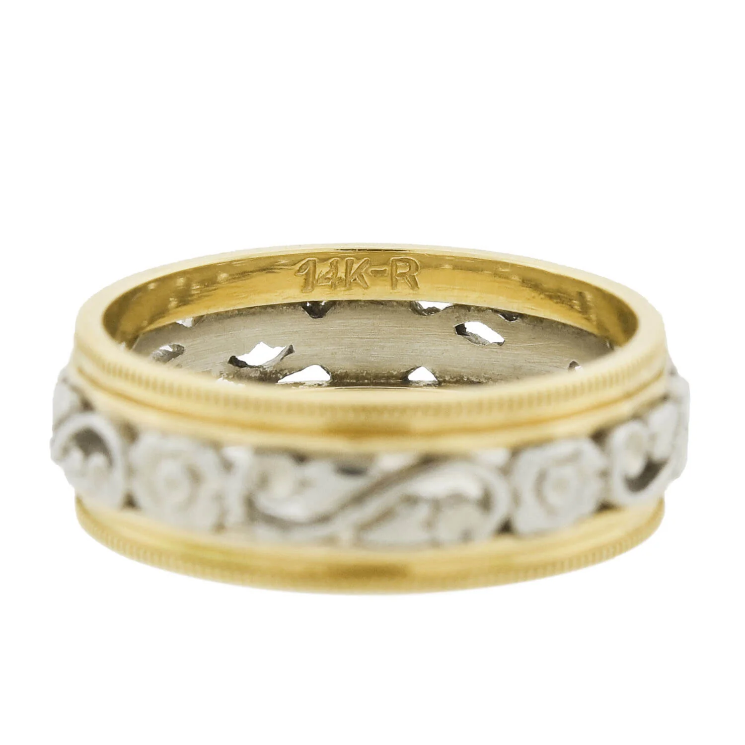 Retro 14kt Yellow + White Gold Mixed Metals Carved Floral Band - Image 5