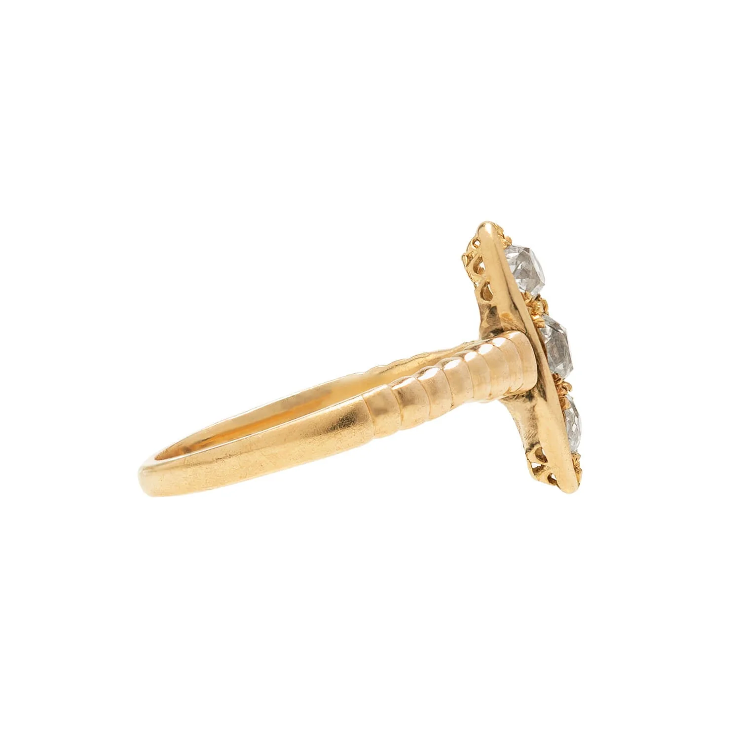 Retro 18k Mine Cut Diamond Three-Stone Navette Ring .65ctw - Image 2