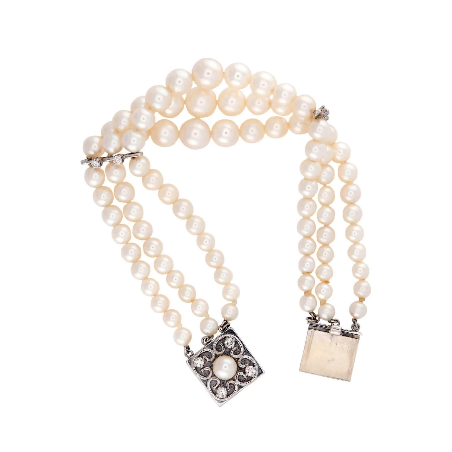 Retro 18k Pearl and Diamond Multi-Strand Bracelet - Image 3