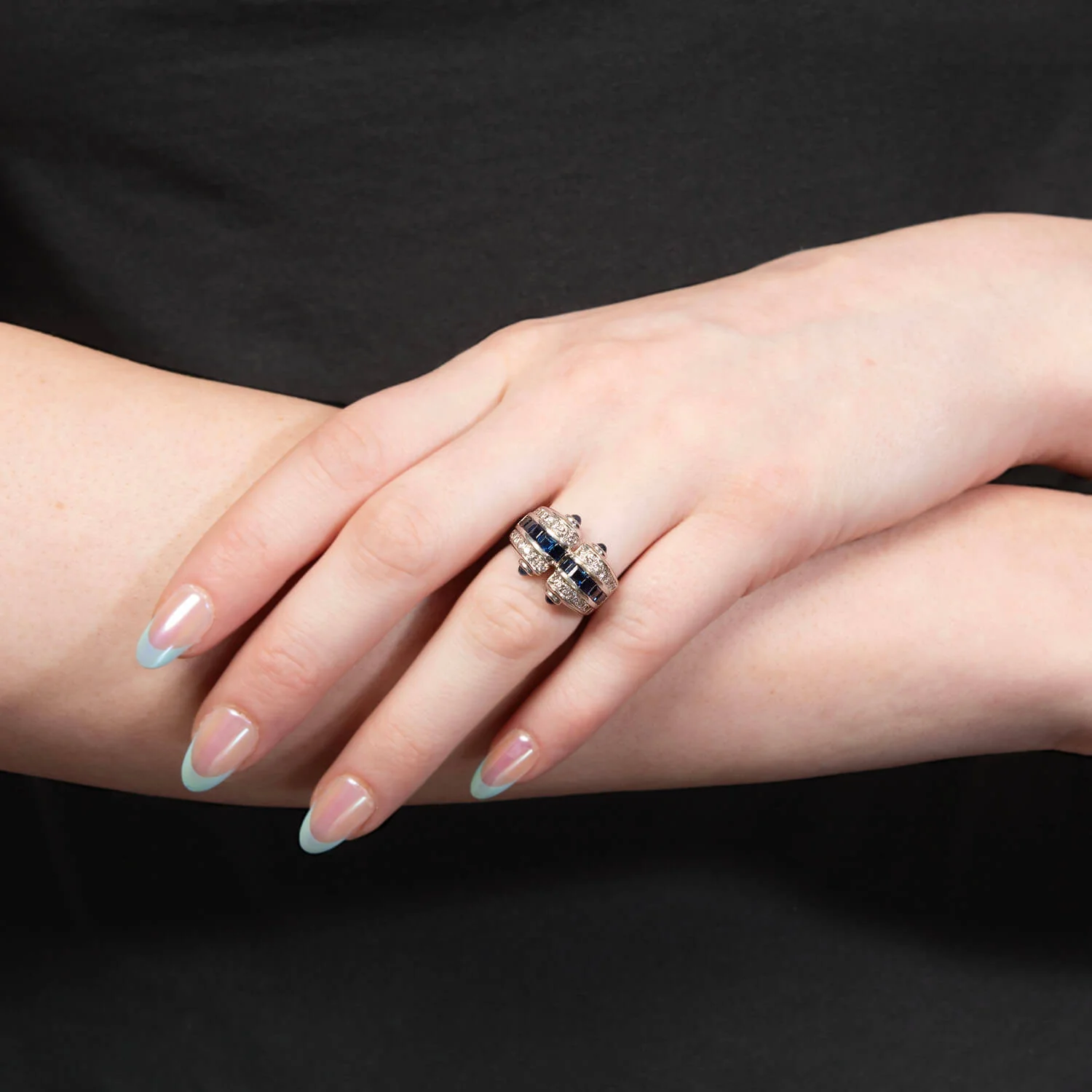 Retro 18k White Gold Diamond and Sapphire Statement Ring - Image 7