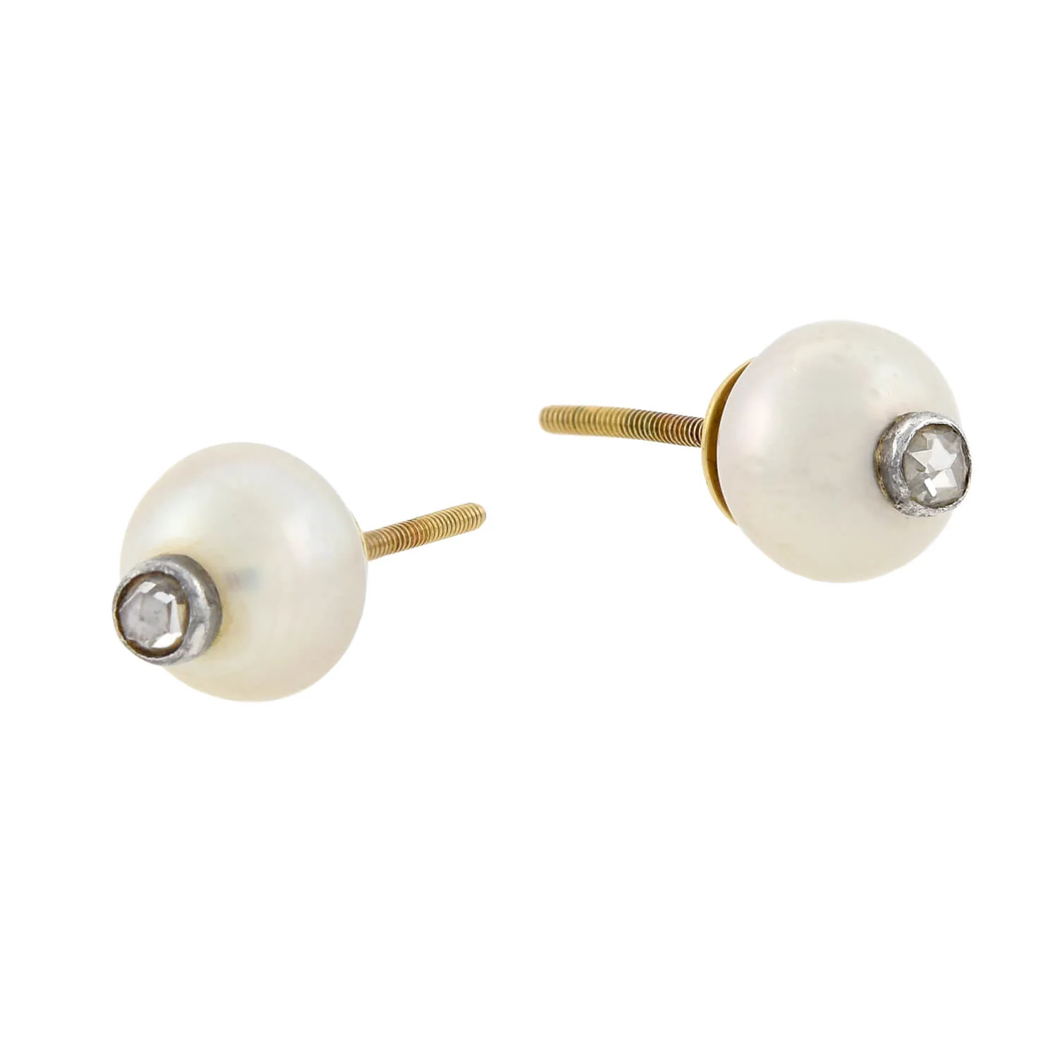 Retro 18kt/Sterling Pearl + Old  Rose Cut Diamond Stud Earrings - Image 2