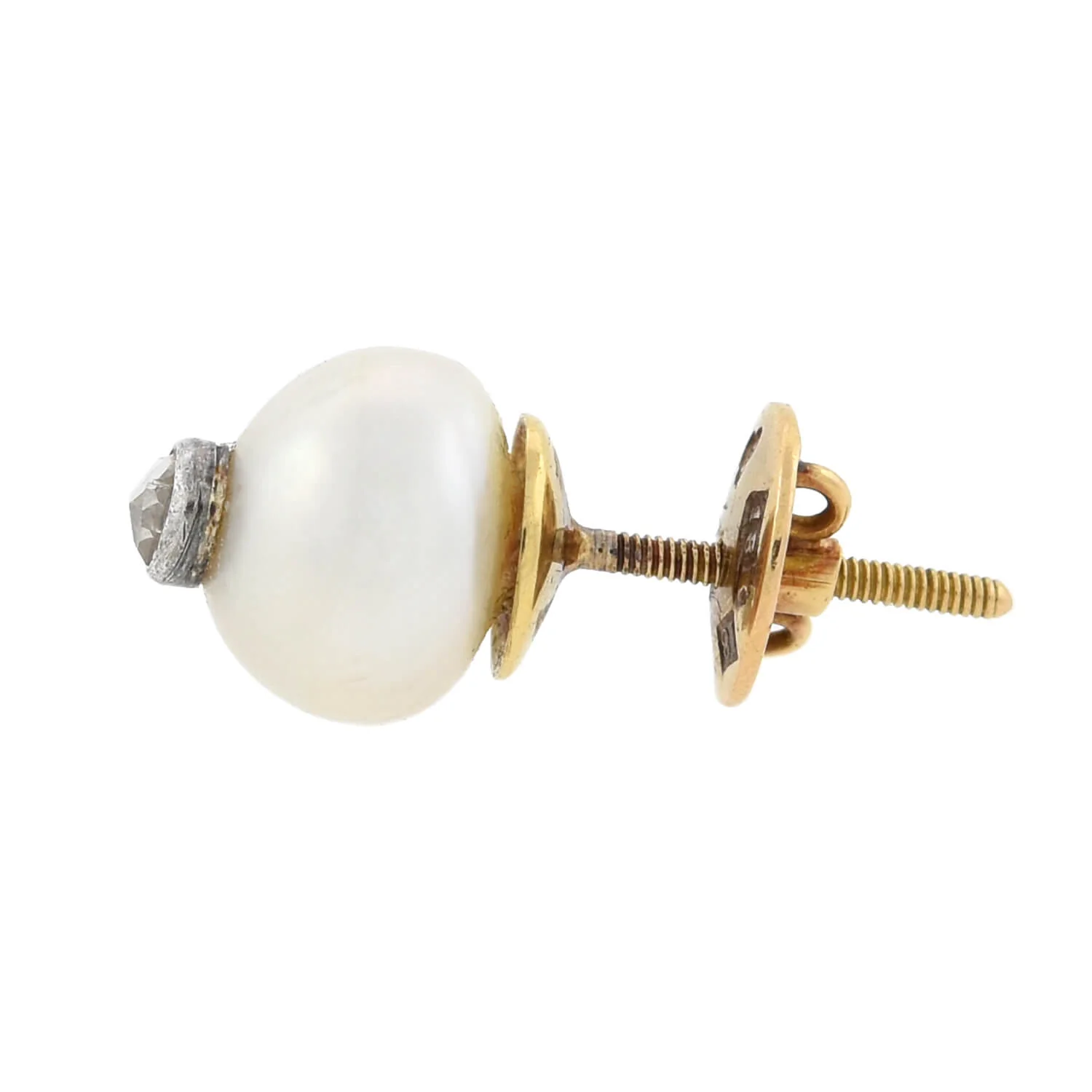 Retro 18kt/Sterling Pearl + Old  Rose Cut Diamond Stud Earrings - Image 5
