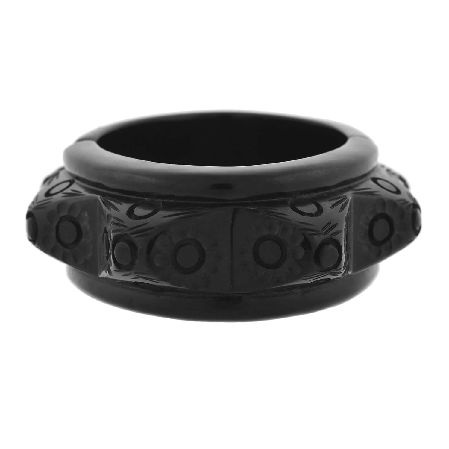 Retro Black Bakelite Carved Floral Clamper Bracelet - Image 2