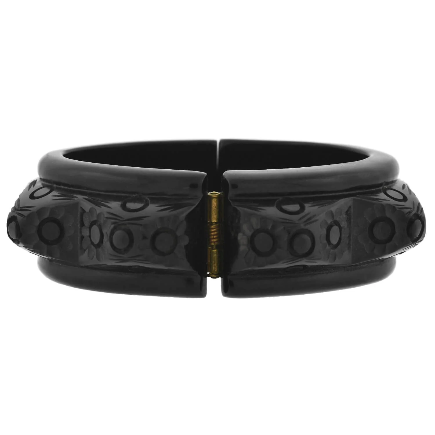 Retro Black Bakelite Carved Floral Clamper Bracelet - Image 3