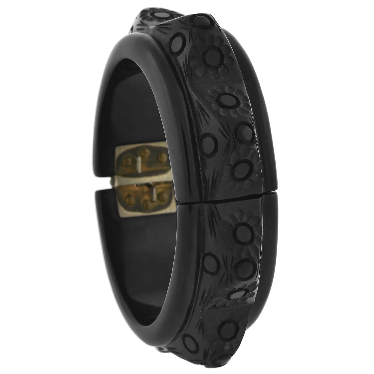 Retro Black Bakelite Carved Floral Clamper Bracelet - Image 5