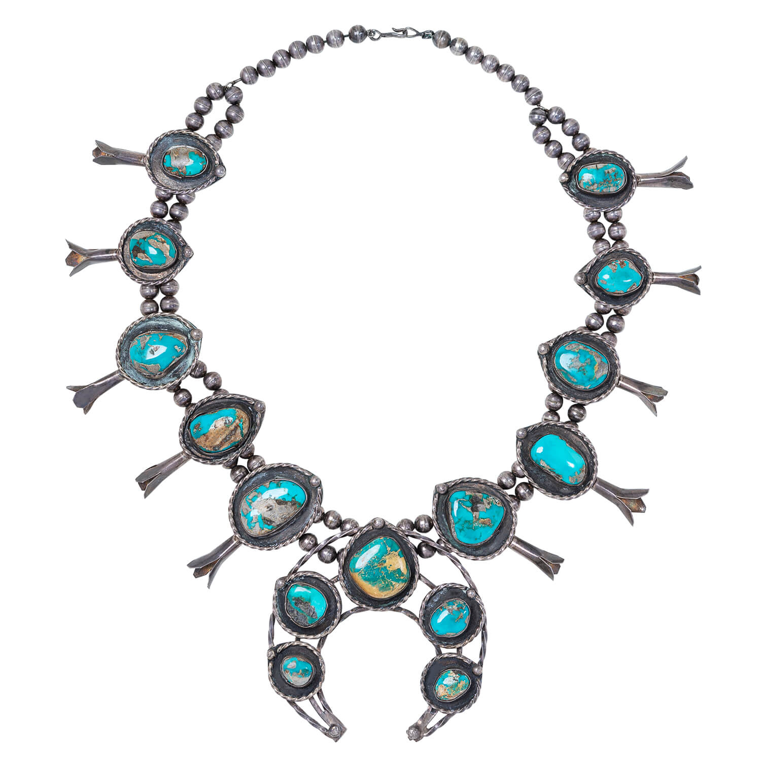 Retro Coin Silver + Turquoise Squash Blossom Necklace - Image 2
