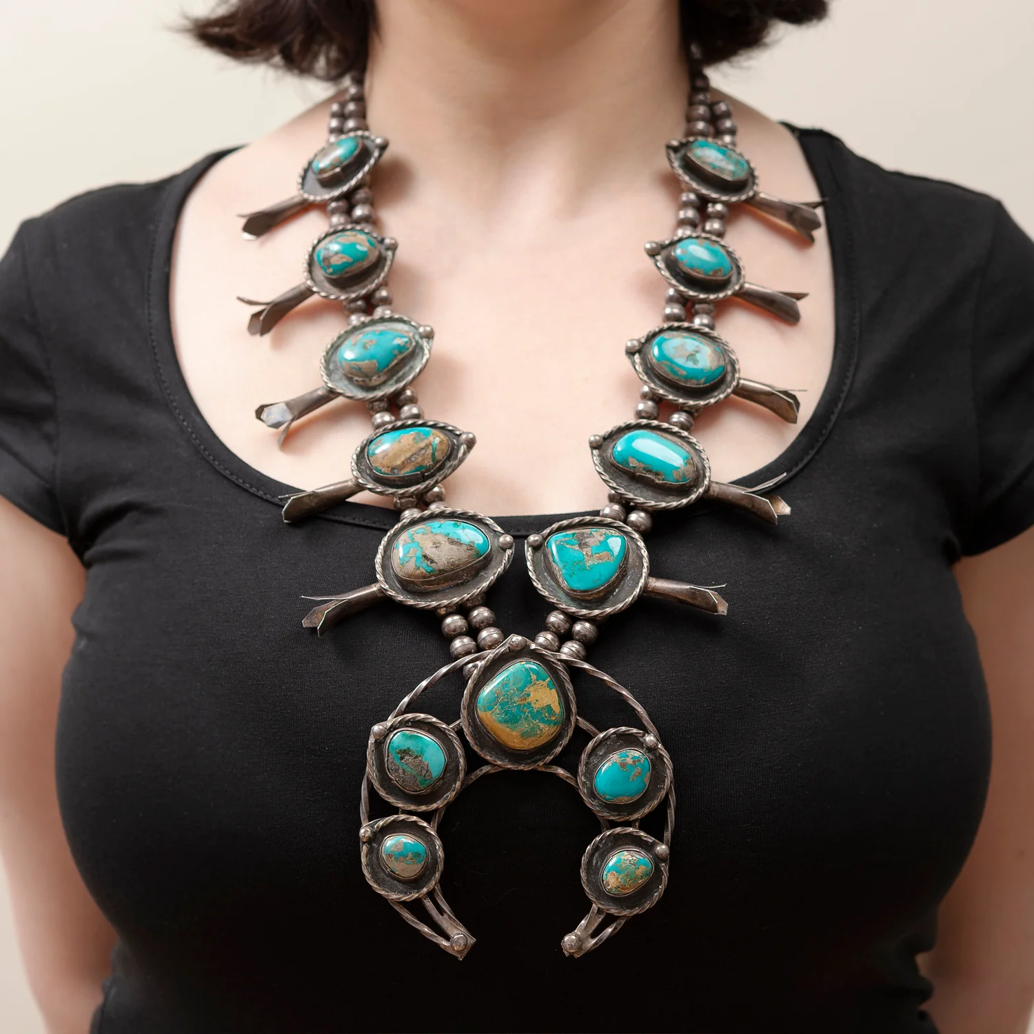 Retro Coin Silver + Turquoise Squash Blossom Necklace - Image 6