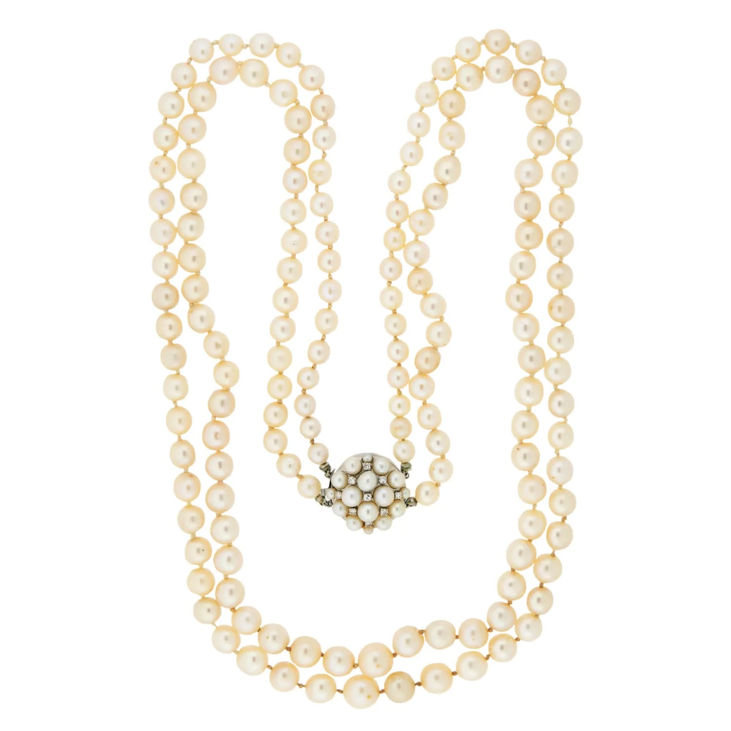 Retro Double Strand Pearl Necklace & 14k Diamond Clasp - Image 2