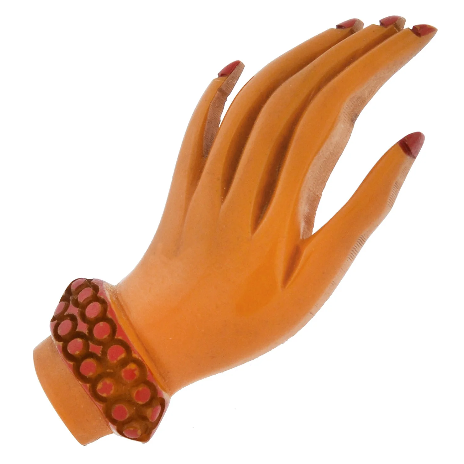 Retro Hand Carved + Painted Butterscotch Bakelite Hand Pin - Image 2