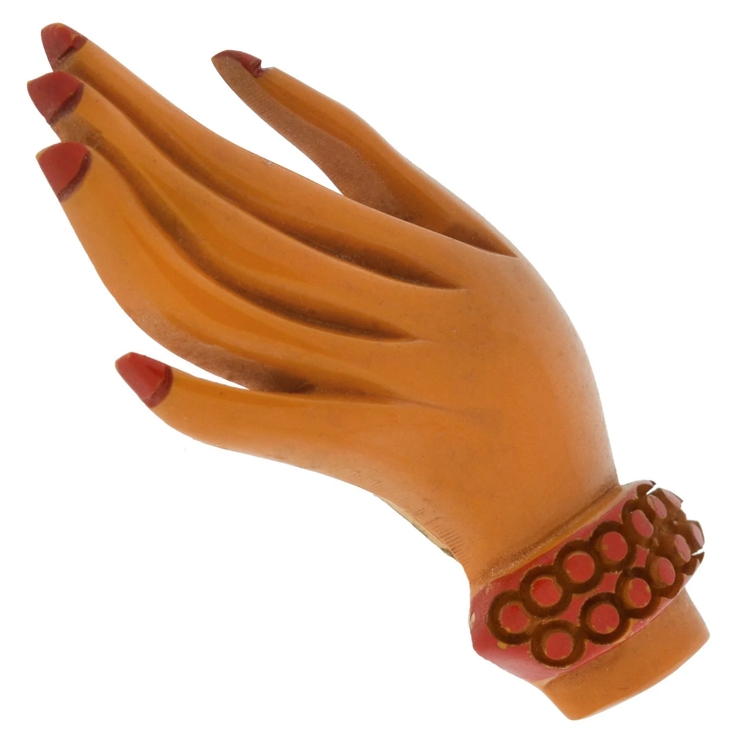 Retro Hand Carved + Painted Butterscotch Bakelite Hand Pin - Image 4