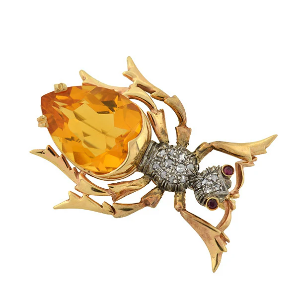 Retro Large 14kt Citrine Diamond & Ruby Bug Pin - Image 2